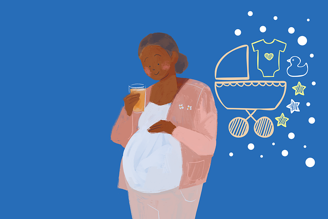 cartoon pregnant woman in pink clothes with coffee